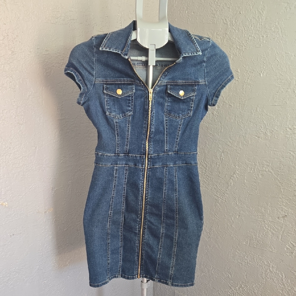 Guess Blue Denim Mini Dress with Gold Accents Edgy Grunge Bodycon